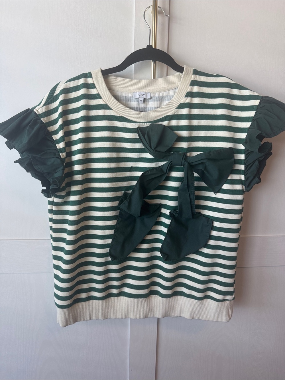 Voy heavyweight green striped bow blouse with flutter sleeves